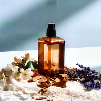 A frame from the restored example video: a perfume bottle with flowers, wood chips and lavender