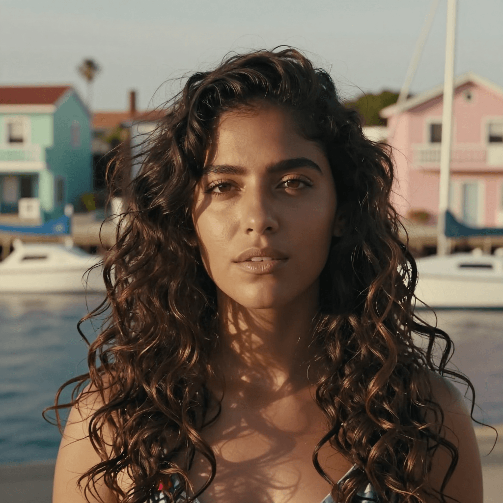 Example output of the template: a photographic portrait of a woman with long curly hair at a harbour with pastel houses