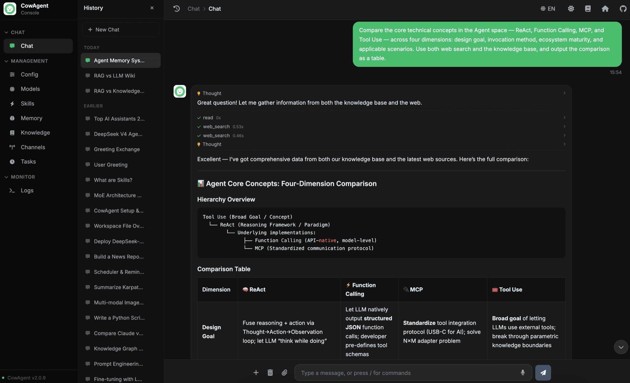 The CowAgent web console answering a request with web search and a comparison table