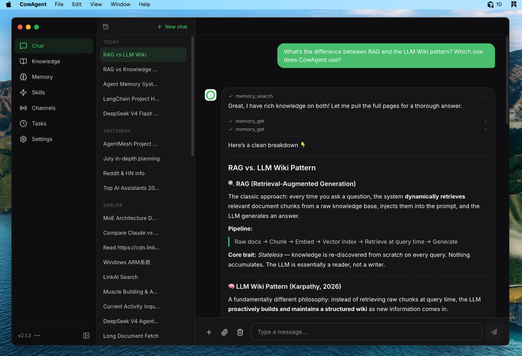 The CowAgent desktop app on macOS answering a question from its memory