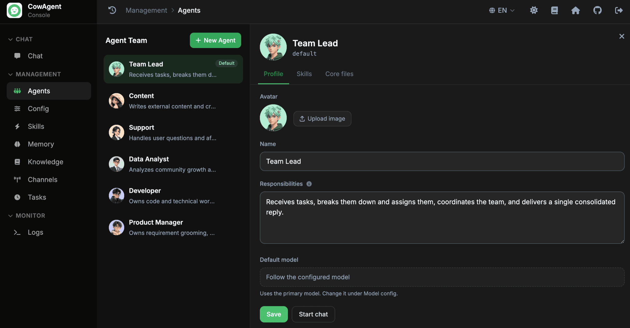 An agent team in CowAgent with a team lead, content, support, analyst and developer roles