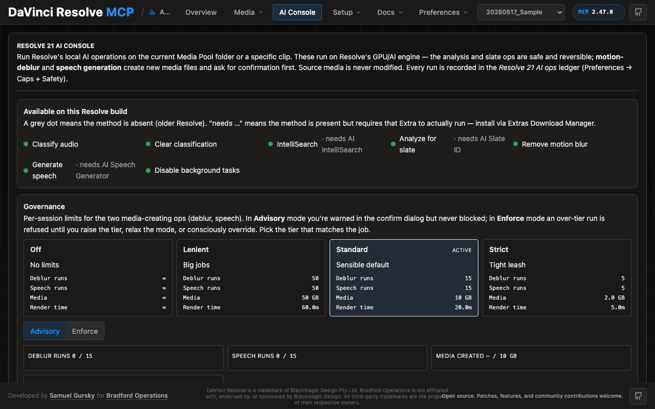 The AI console listing Resolve's built-in AI operations, with per-session limits for the two that create new media