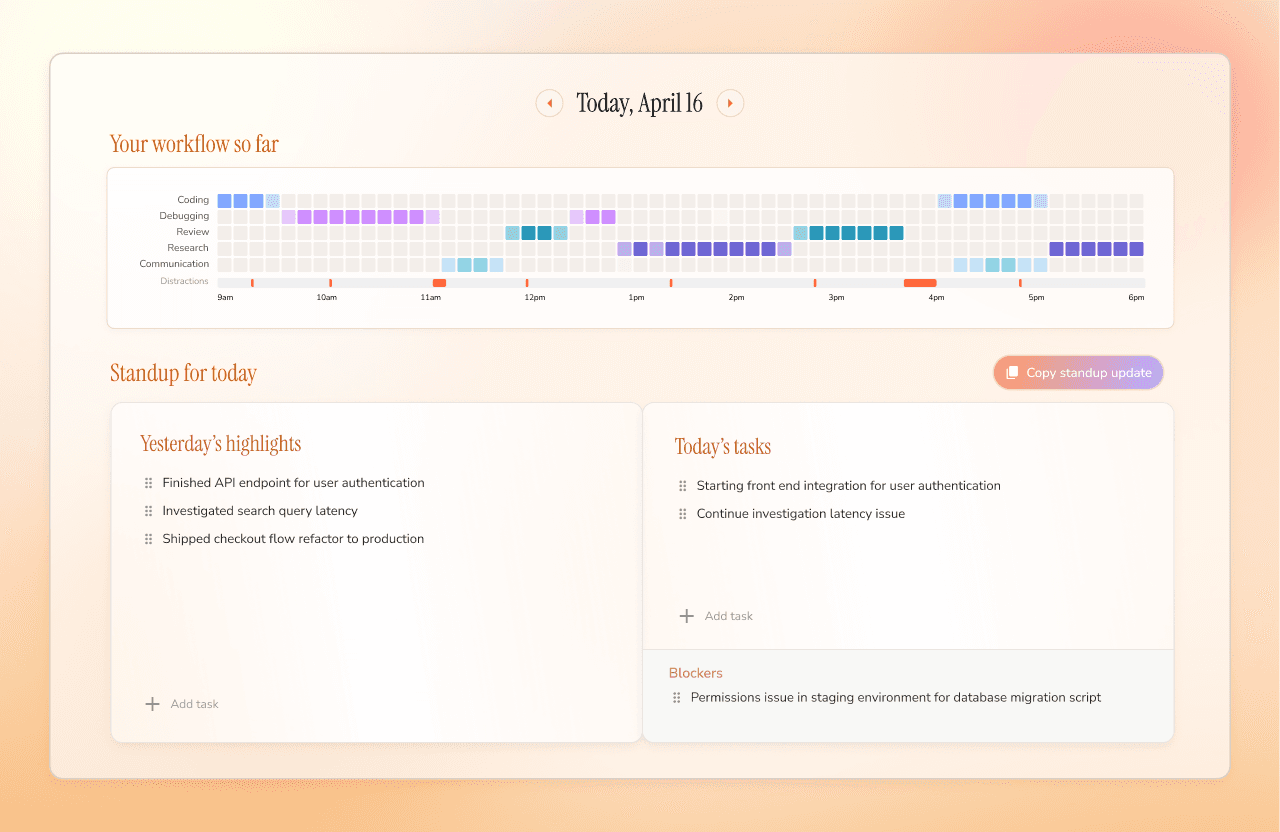 Dayflow's daily view: an activity grid of the day by category, with a drafted standup of highlights, tasks and blockers