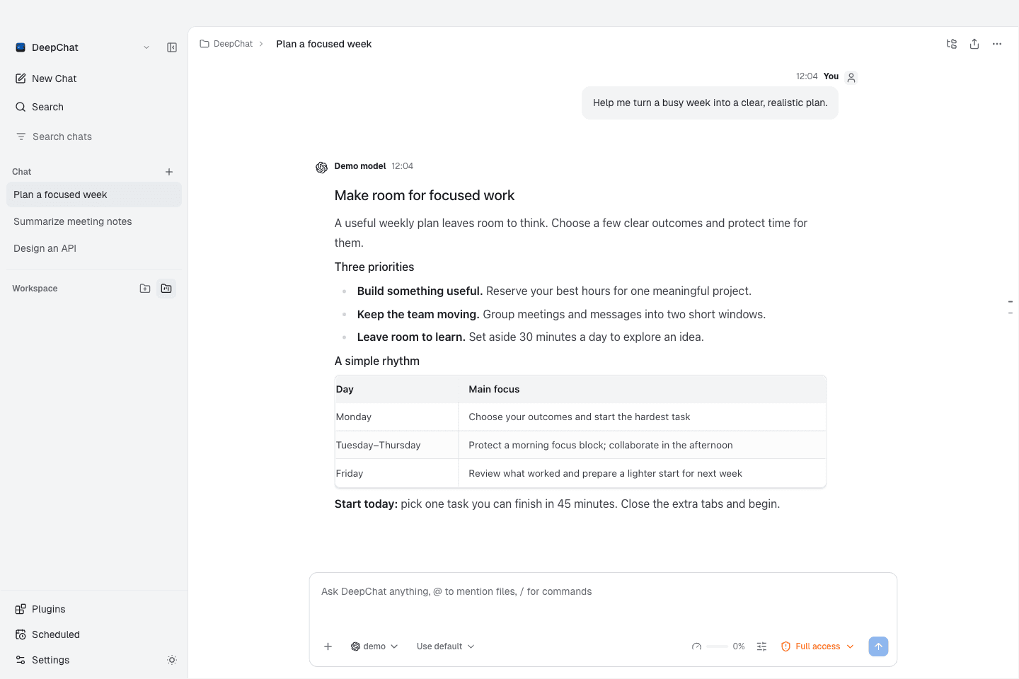 DeepChat's main window answering a request to plan a focused week, with a table