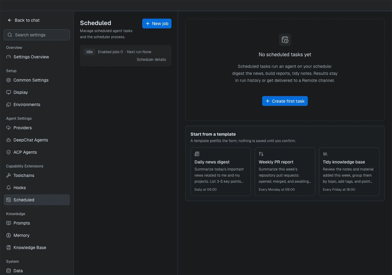 DeepChat's scheduled tasks screen with templates for a daily news digest and weekly reports