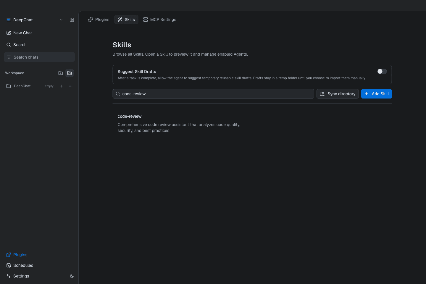 The Skills page in DeepChat, where you search, add and sync skills