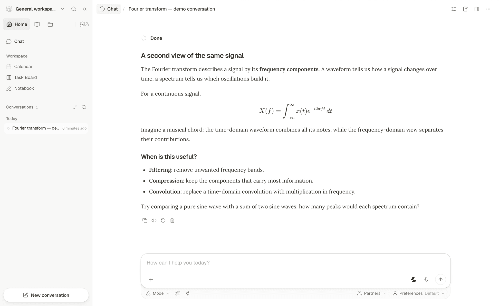 A DeepTutor chat explaining the Fourier transform with a formula and practical uses