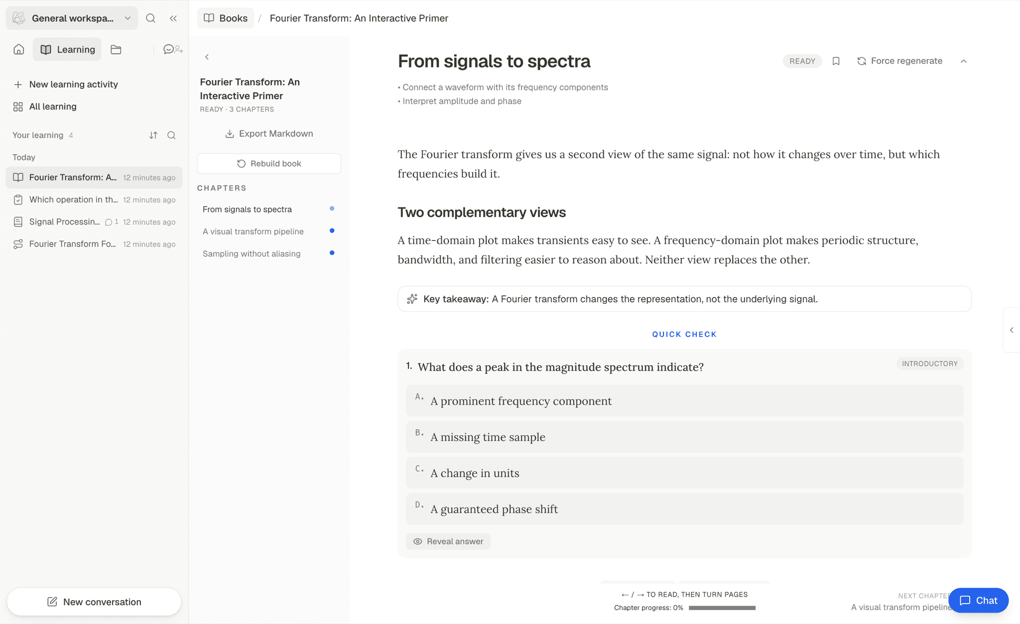 A DeepTutor study book chapter with a multiple-choice quick check