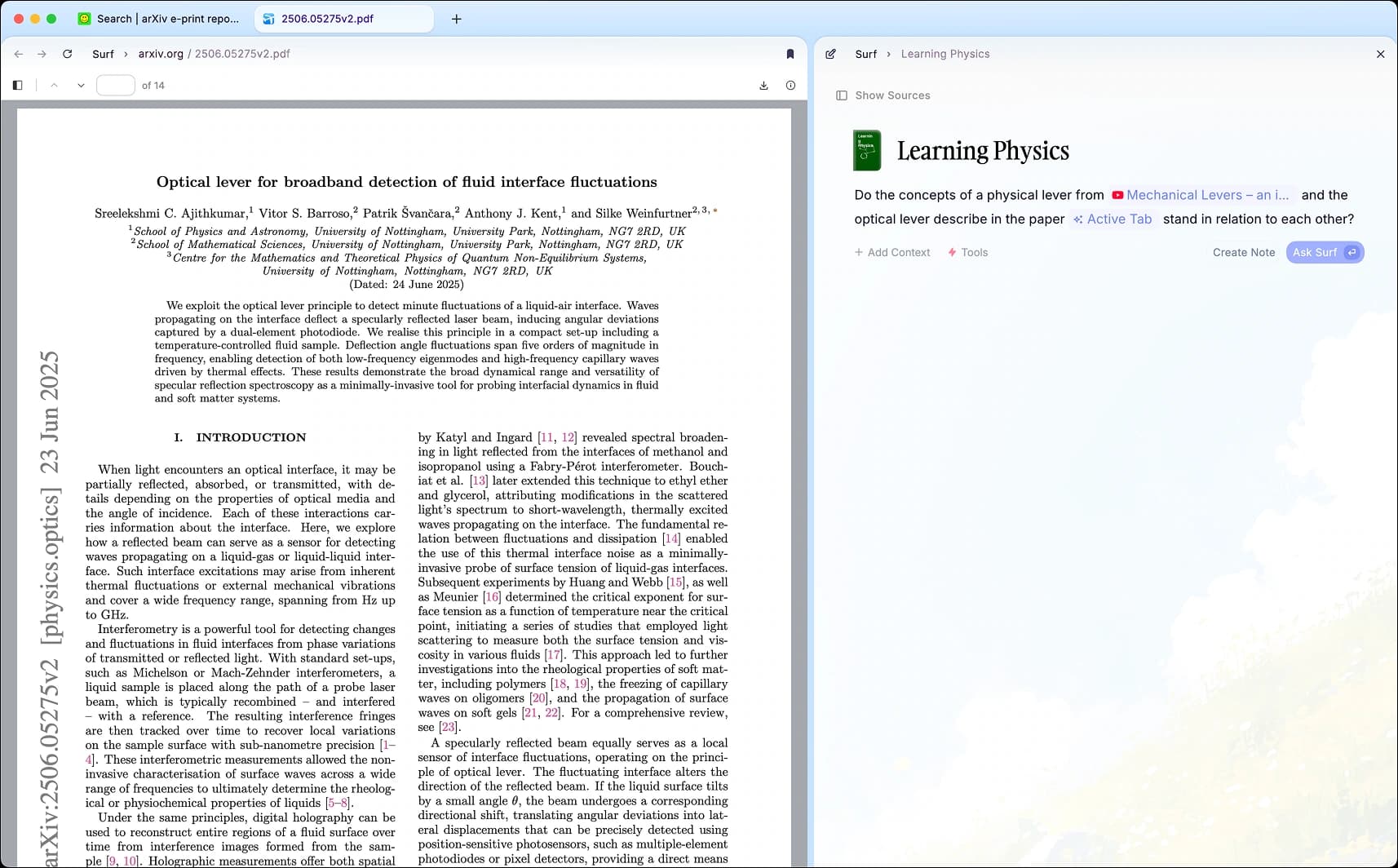 Surf in split view: a research paper PDF on the left and a notebook question about it on the right