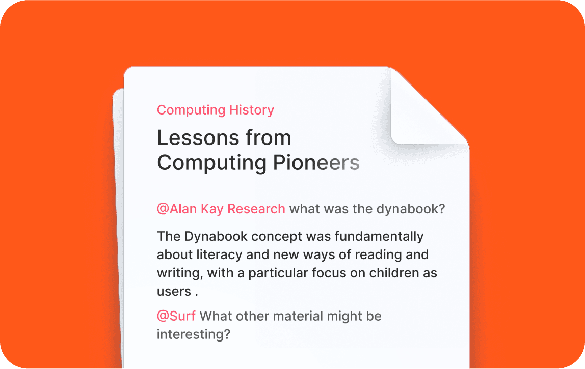 A Surf smart note that answers a question about a saved source mentioned with @