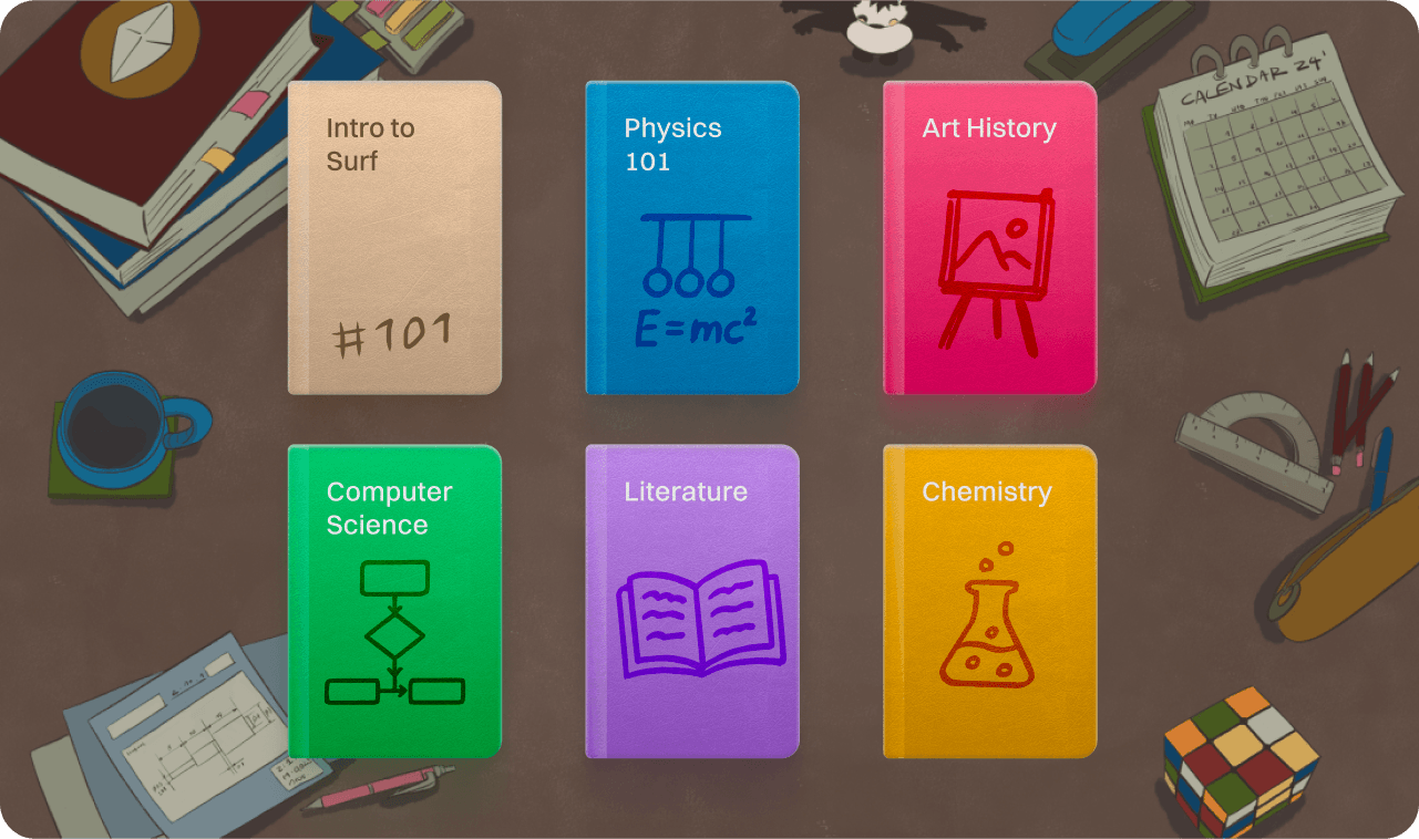 A grid of Surf notebooks for subjects such as physics, art history and chemistry