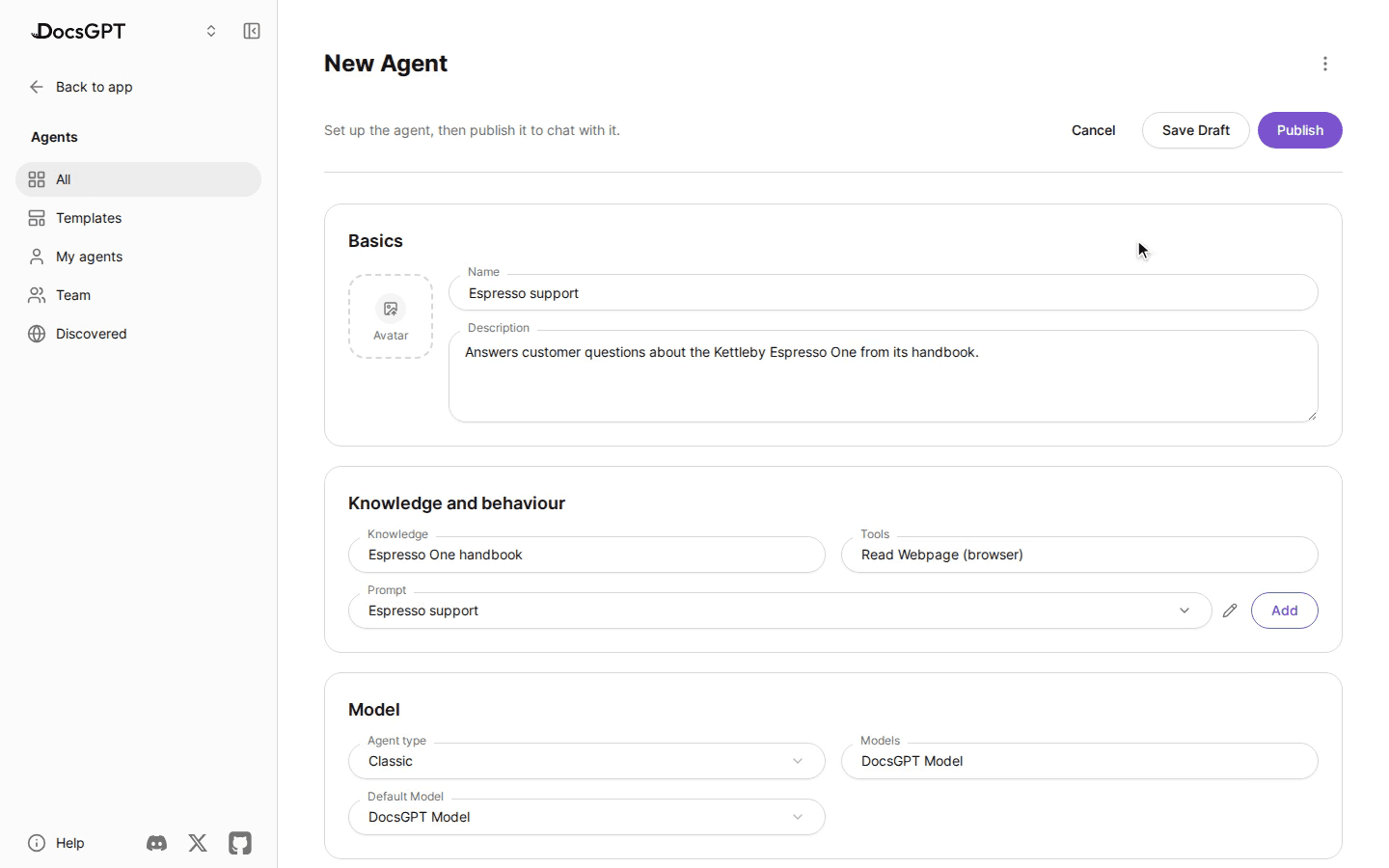 Creating a new agent in DocsGPT with a name, a knowledge source, a tool, a prompt and a model