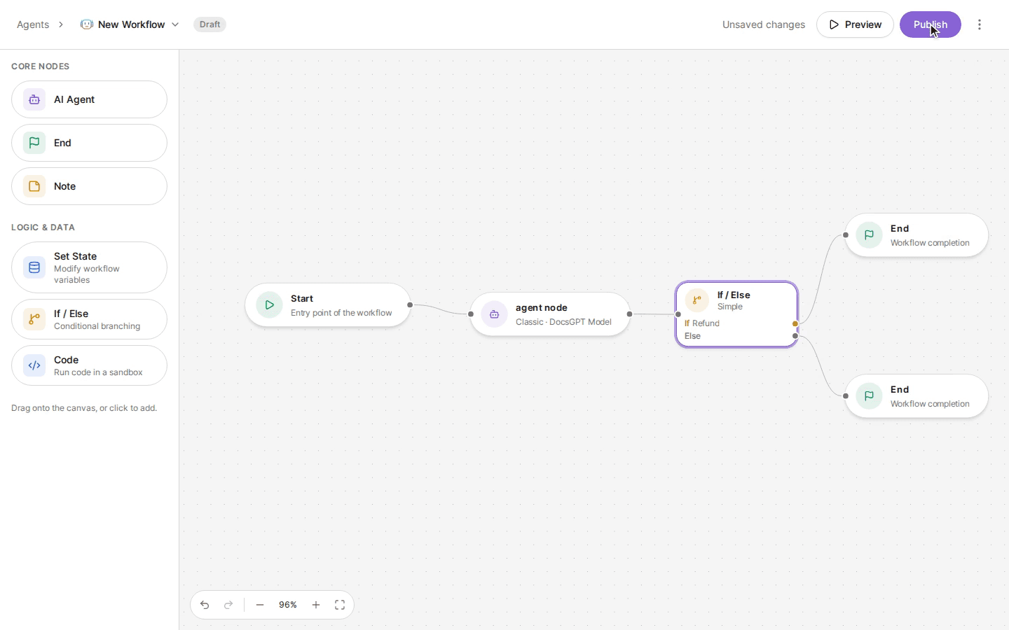 The DocsGPT workflow builder with an agent node, an if/else condition and two end nodes