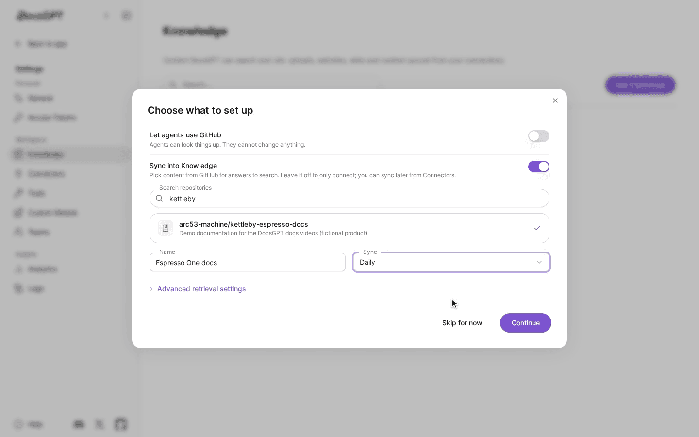Connecting a GitHub repository to DocsGPT knowledge with a daily sync