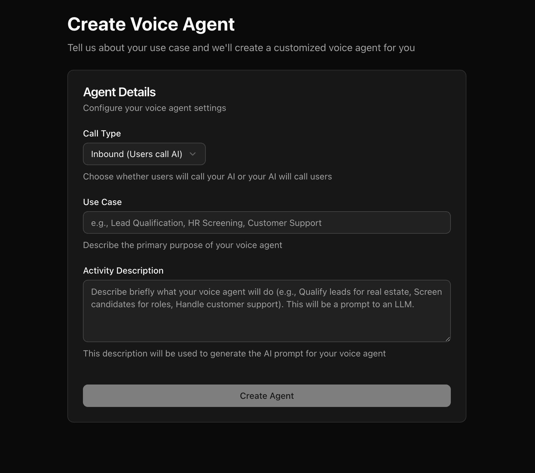 The Create Voice Agent form with call type, use case and activity description fields