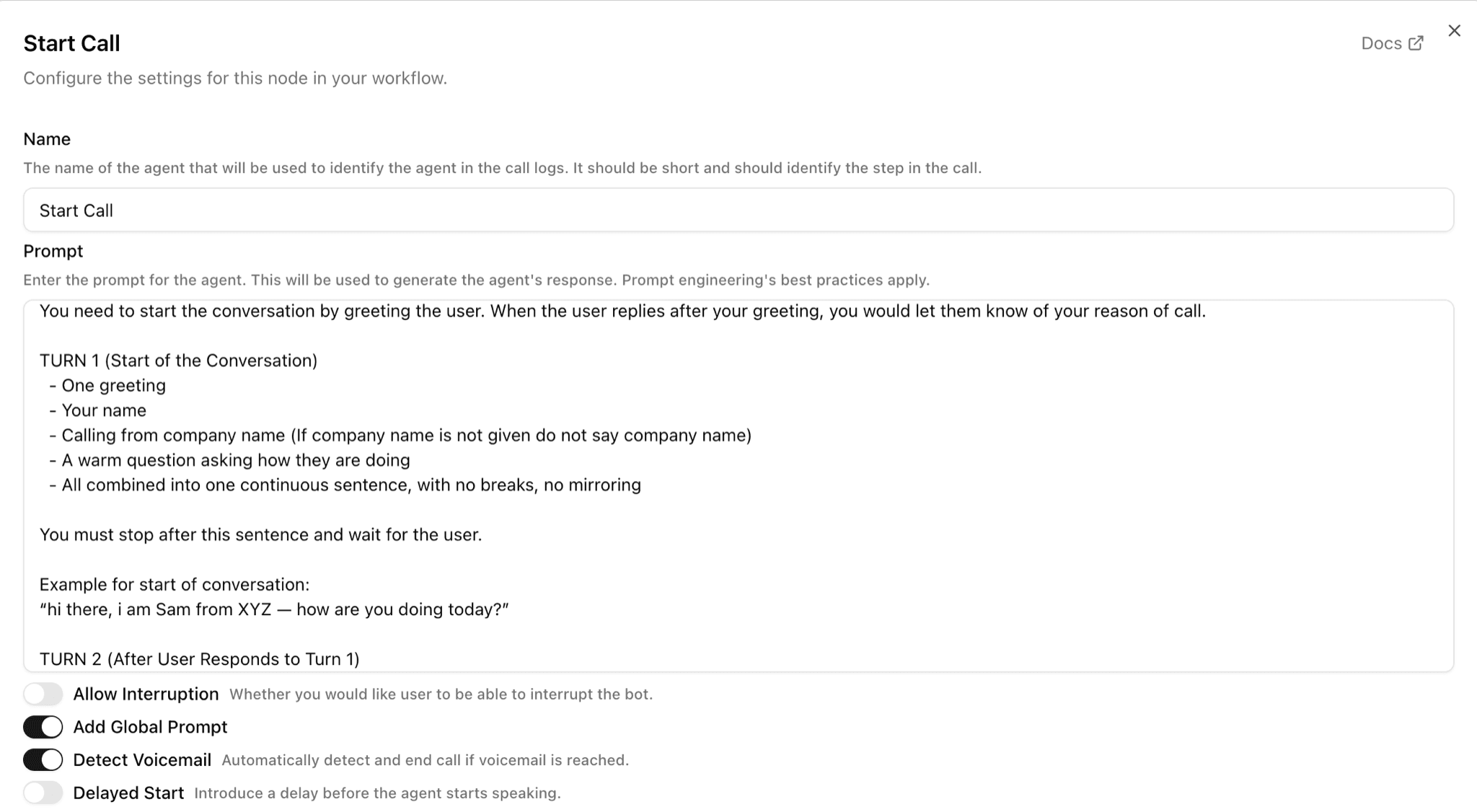Settings for a Start Call step: its prompt and switches for interruption and voicemail detection