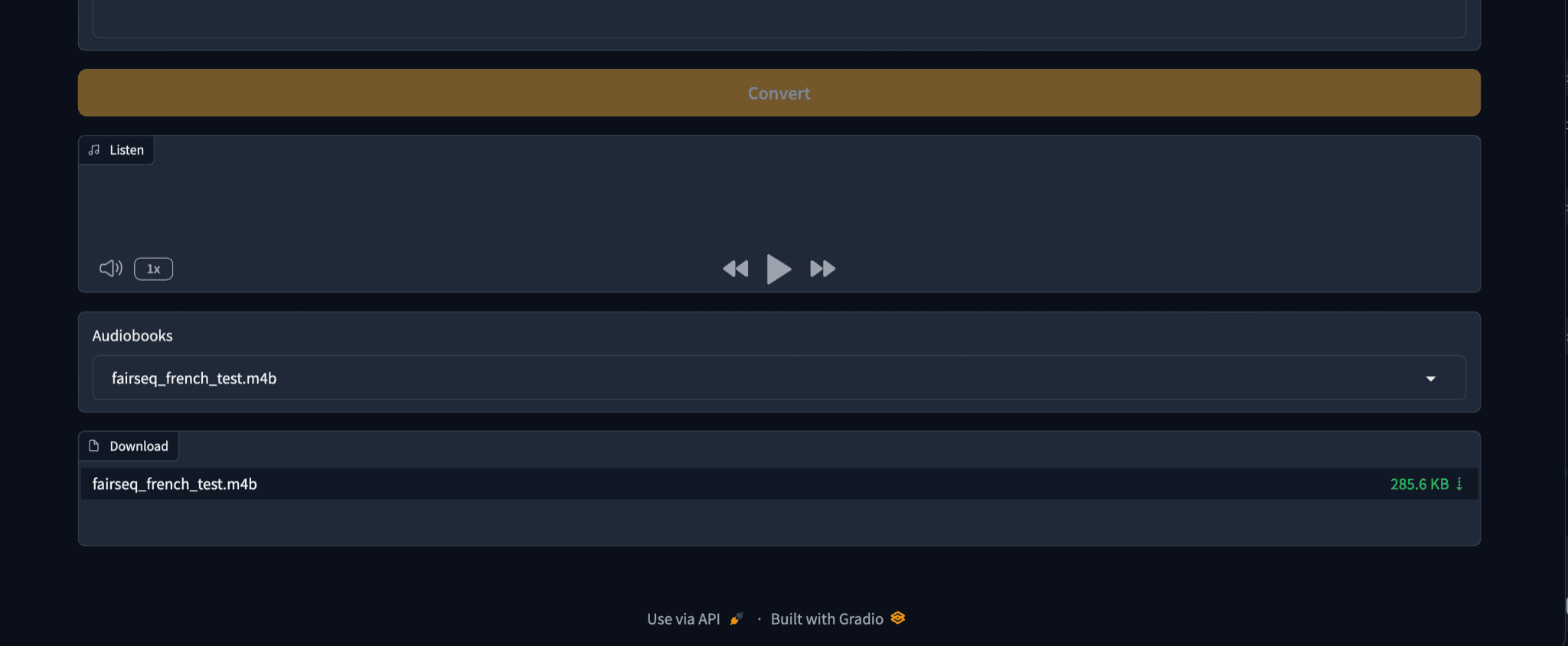 A finished M4B audiobook in the ebook2audiobook player, with a download link