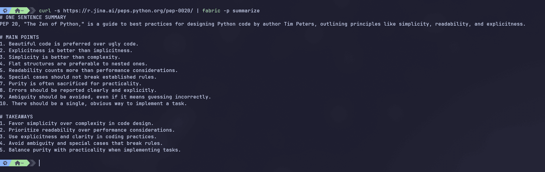 Fabric in a terminal summarising a web page into a one-sentence summary, main points and takeaways