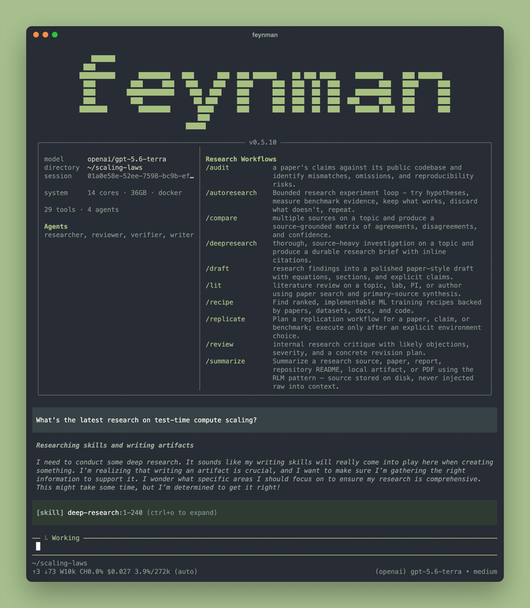 Feynman in a terminal window, listing its research commands and starting work on a question about test-time compute