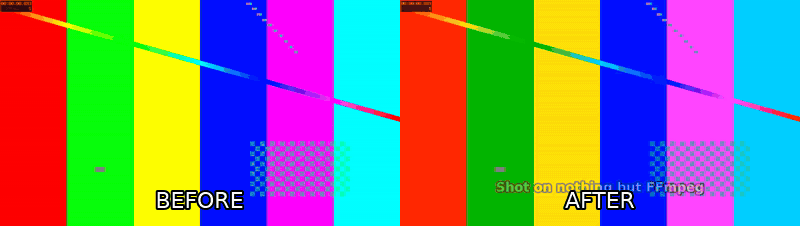 Before and after: test footage colour-corrected with a text overlay added by the tools