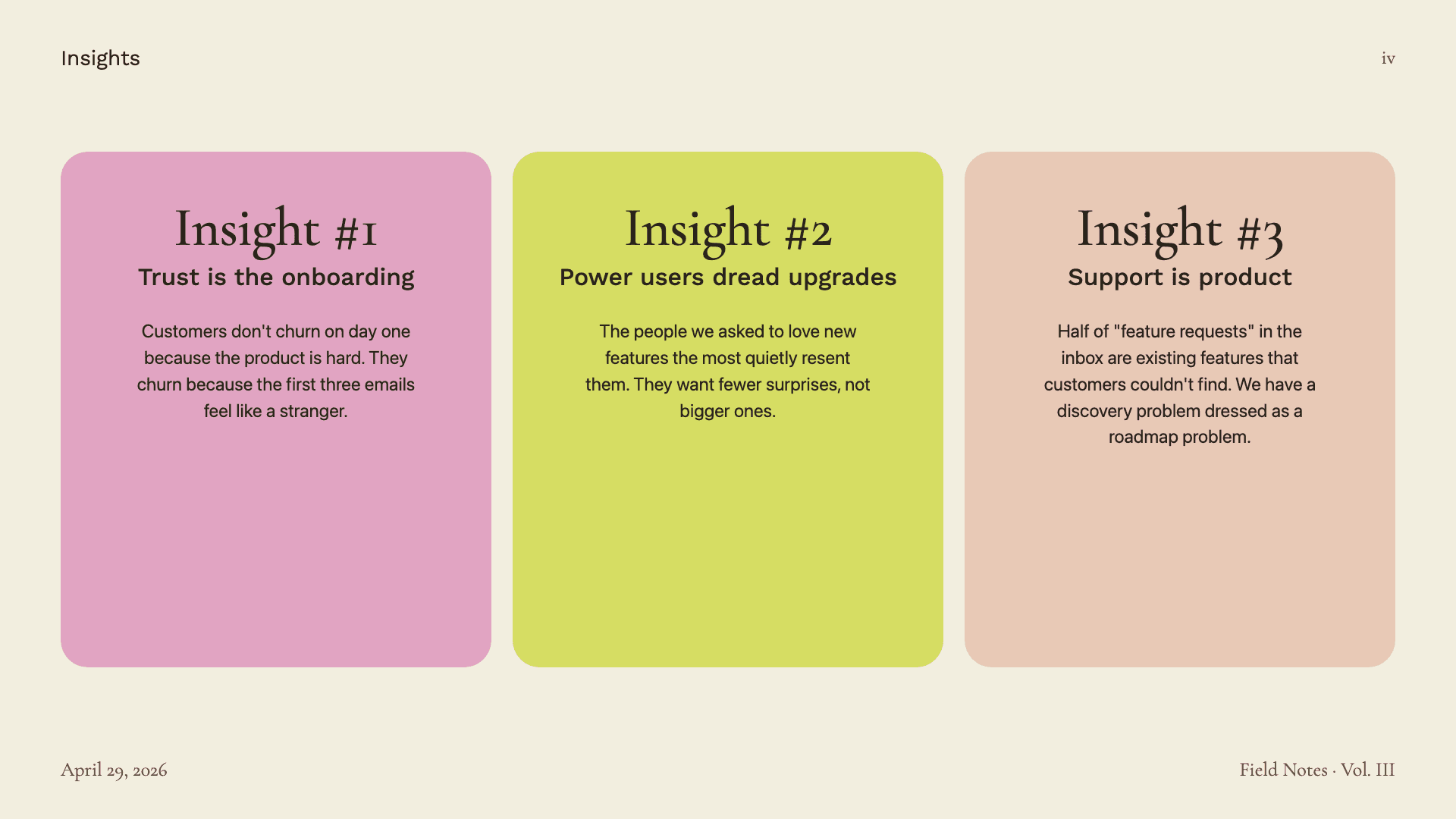 A finished slide with three insight cards, from the template library this skill uses