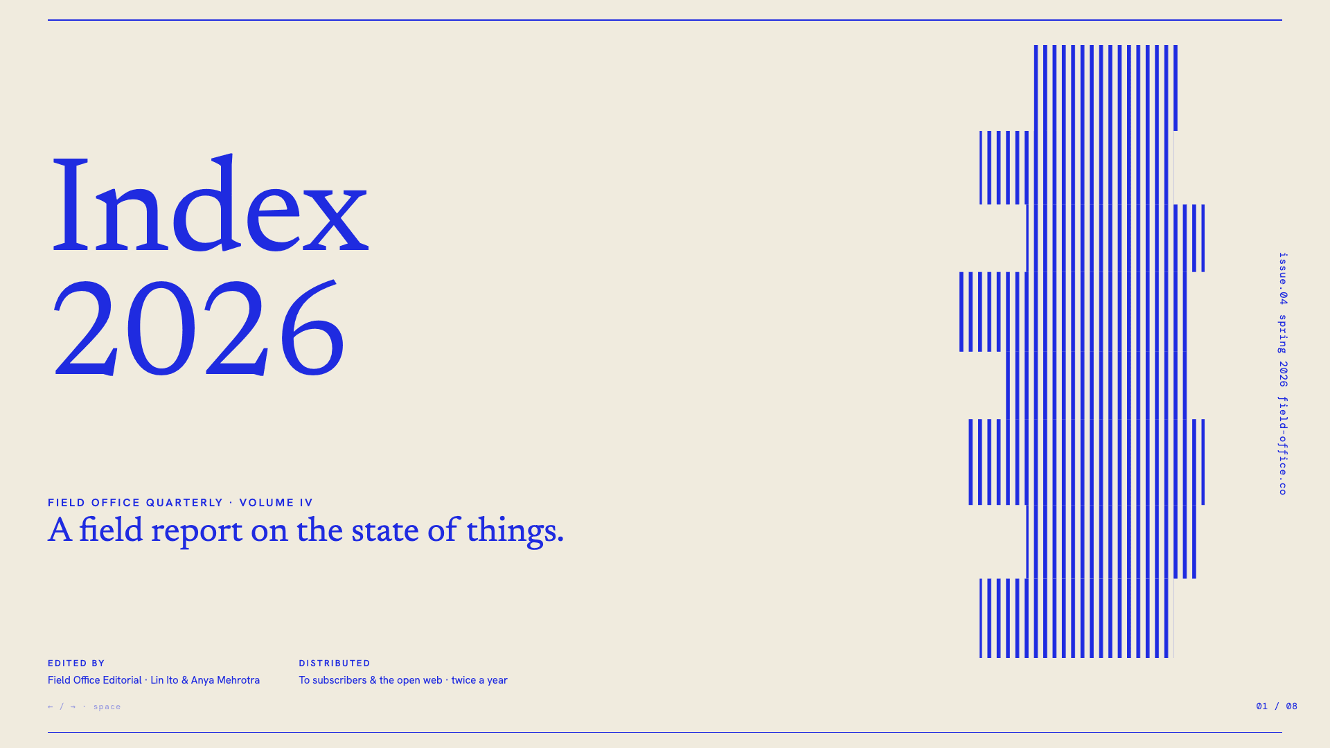 A title slide reading Index 2026 in a cobalt grid template