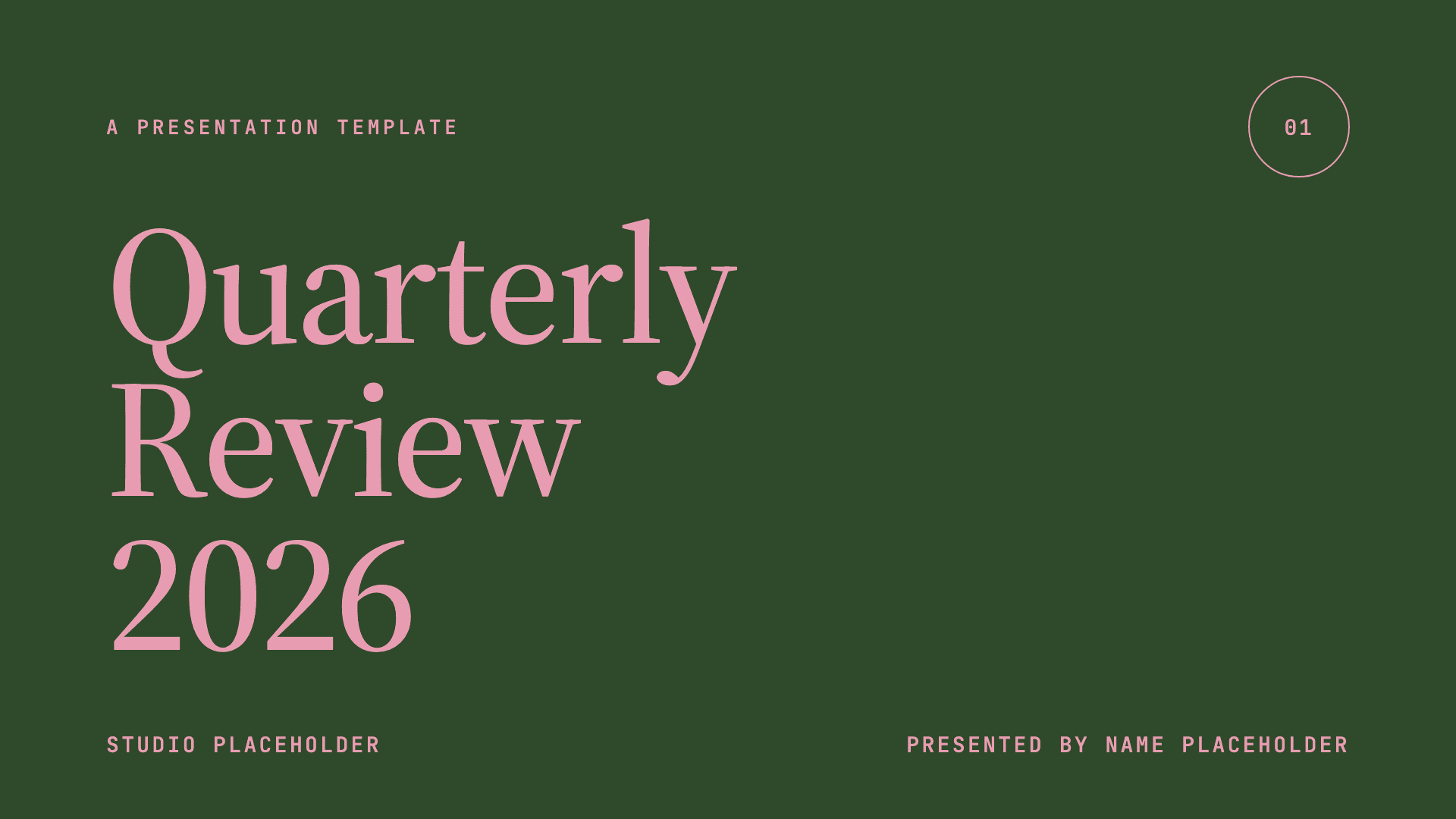 A Quarterly Review 2026 title slide in a forest green editorial template