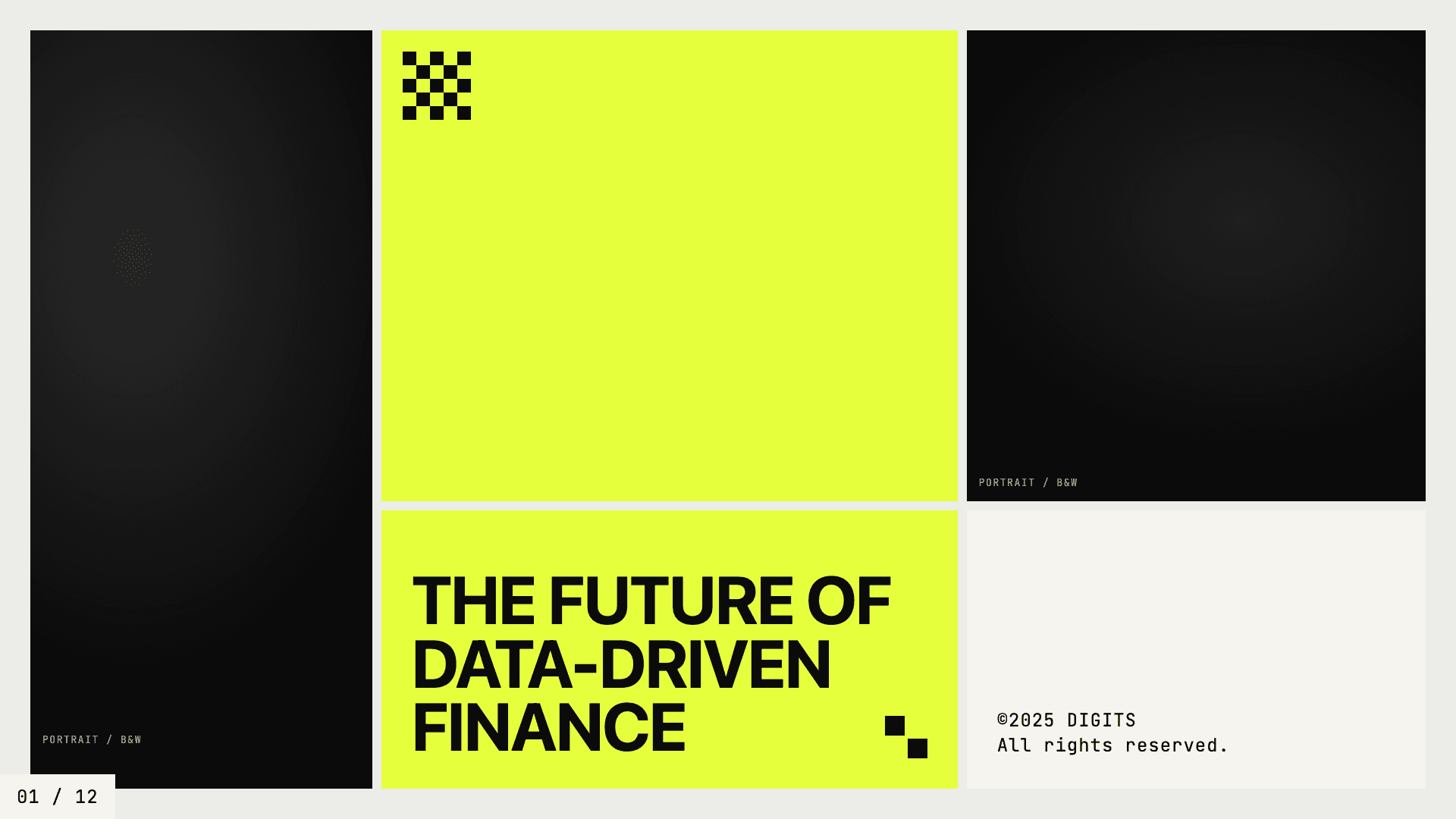A bold grid title slide about data-driven finance