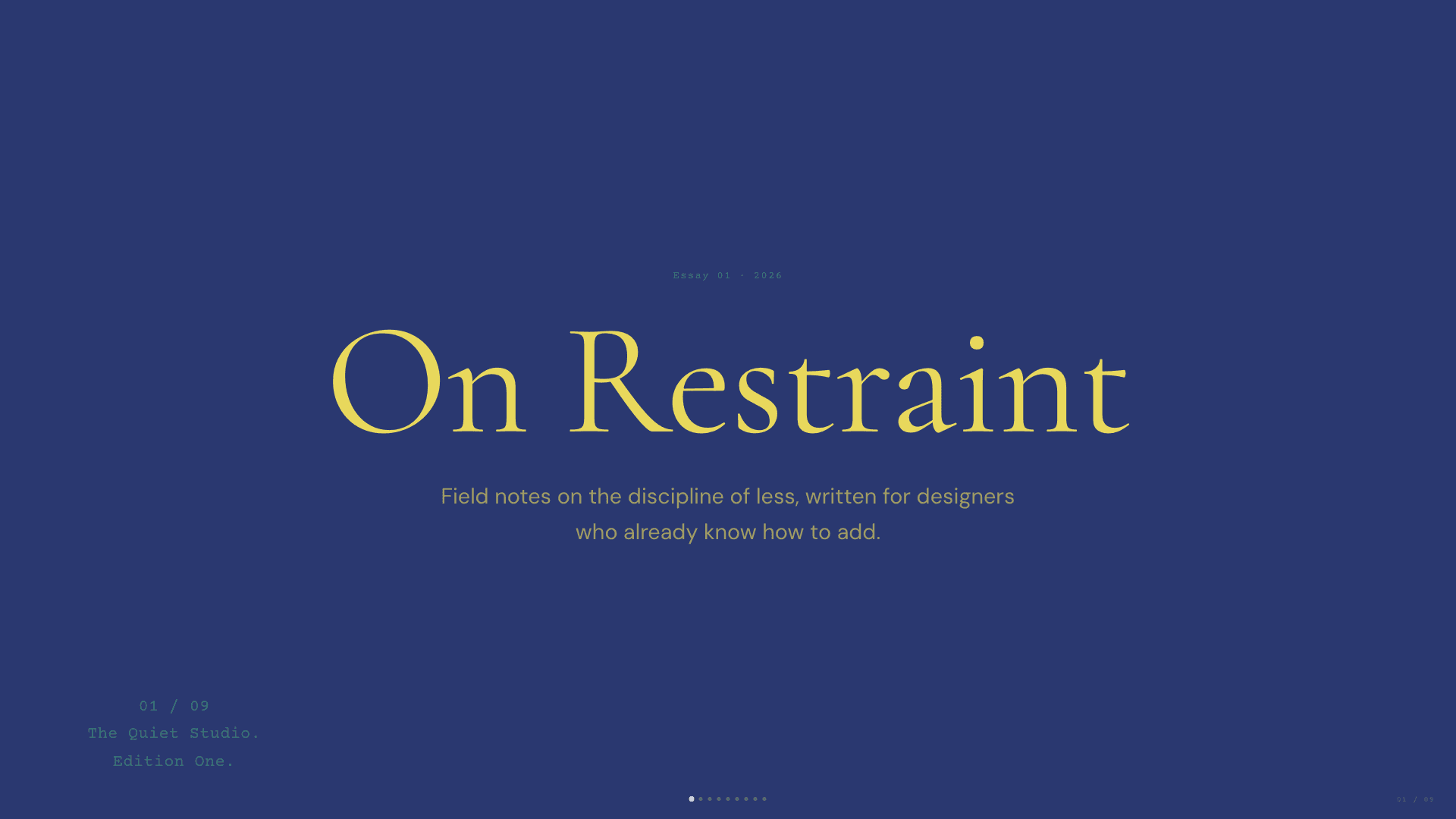 A navy title slide reading On Restraint in a vellum template