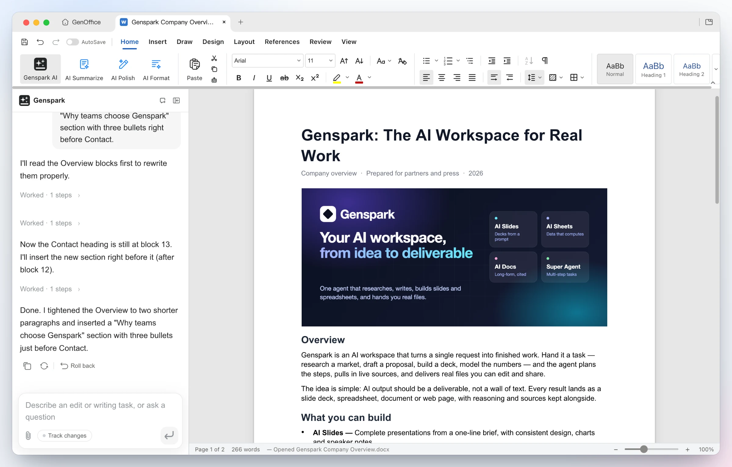 GenOffice Docs with the AI panel after it rewrote an overview and added a new bulleted section