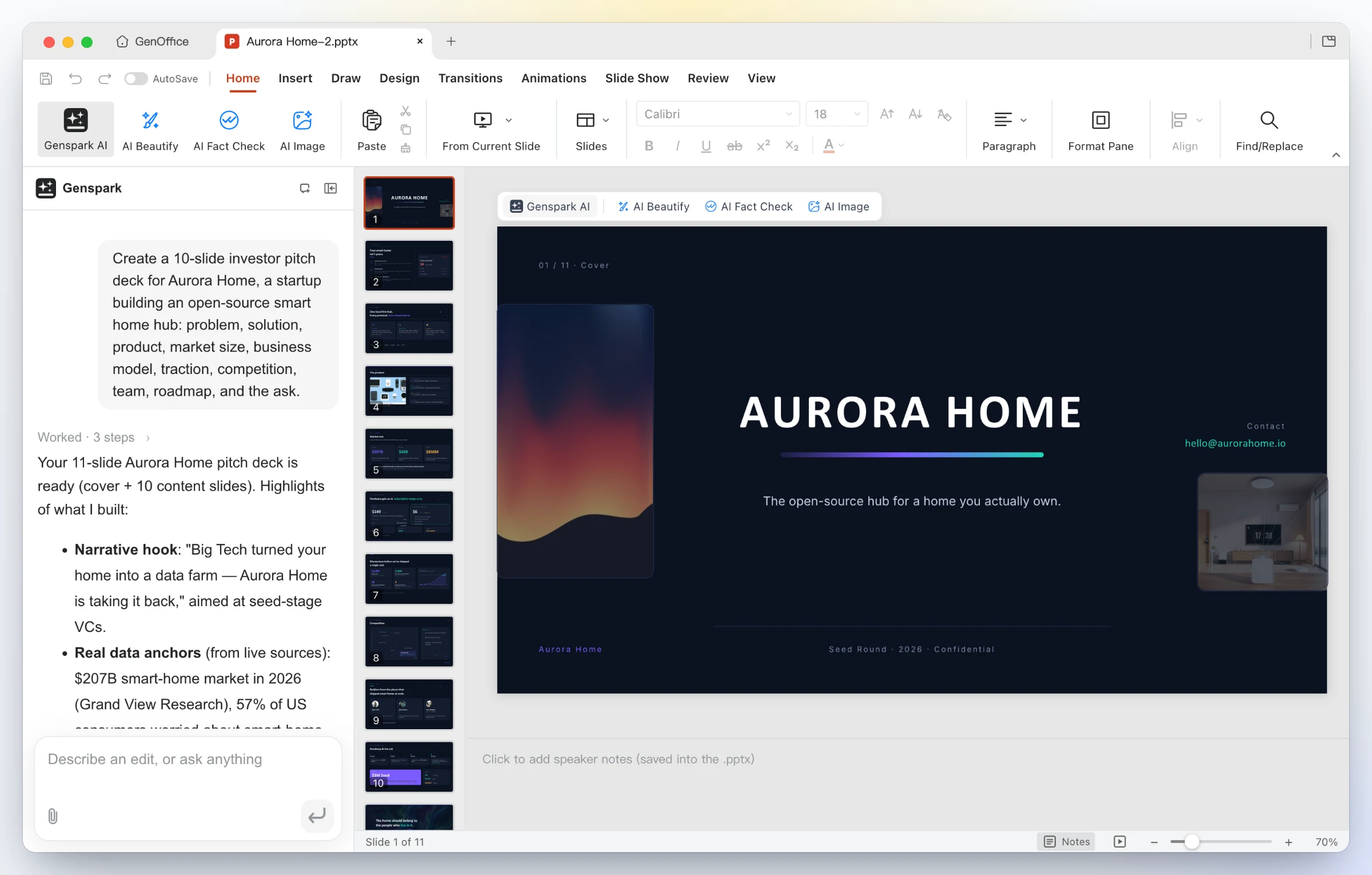GenOffice Slides showing the cover of an investor deck the AI generated from a short prompt