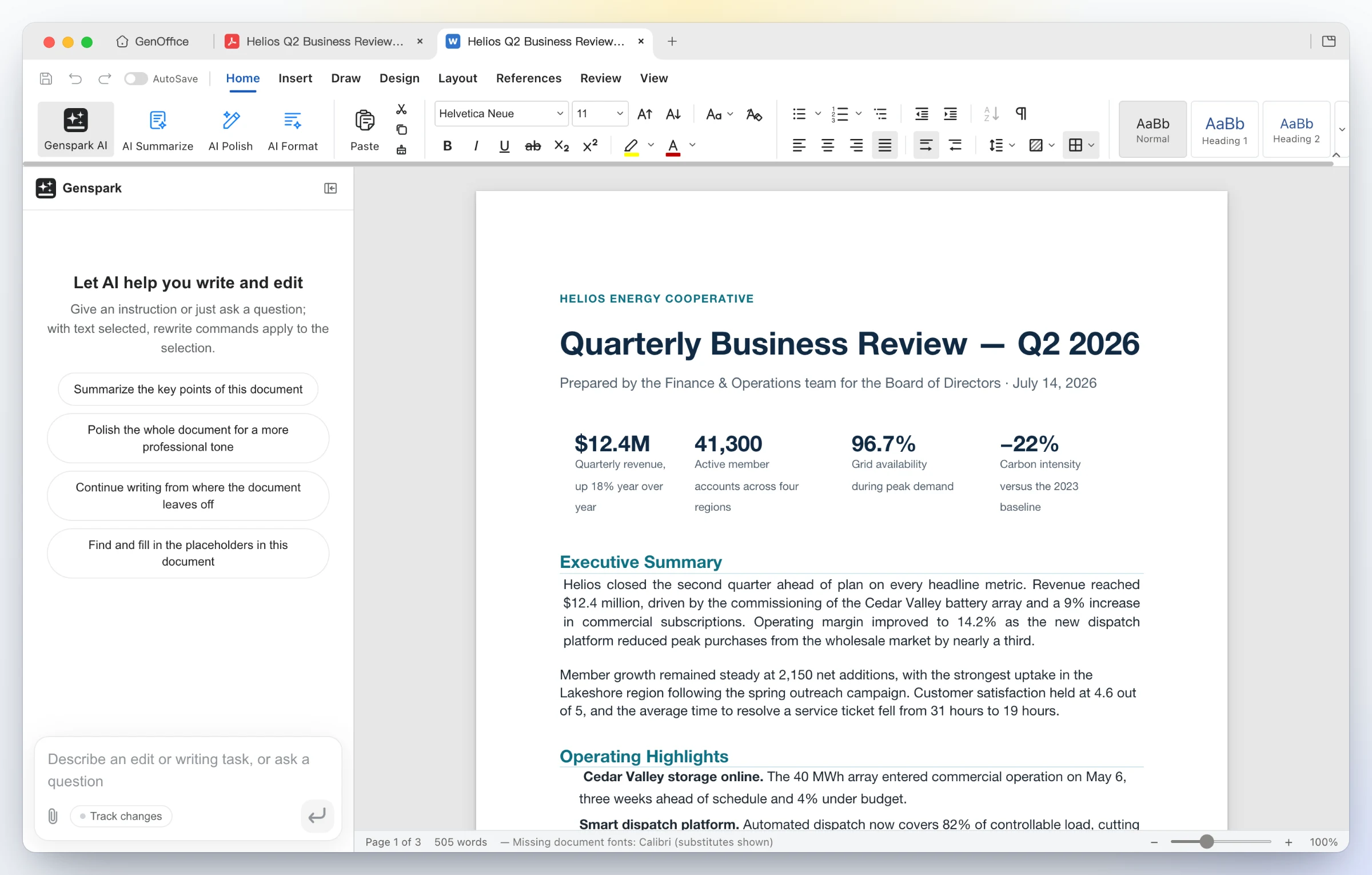 A quarterly business review PDF converted to an editable Word document in GenOffice