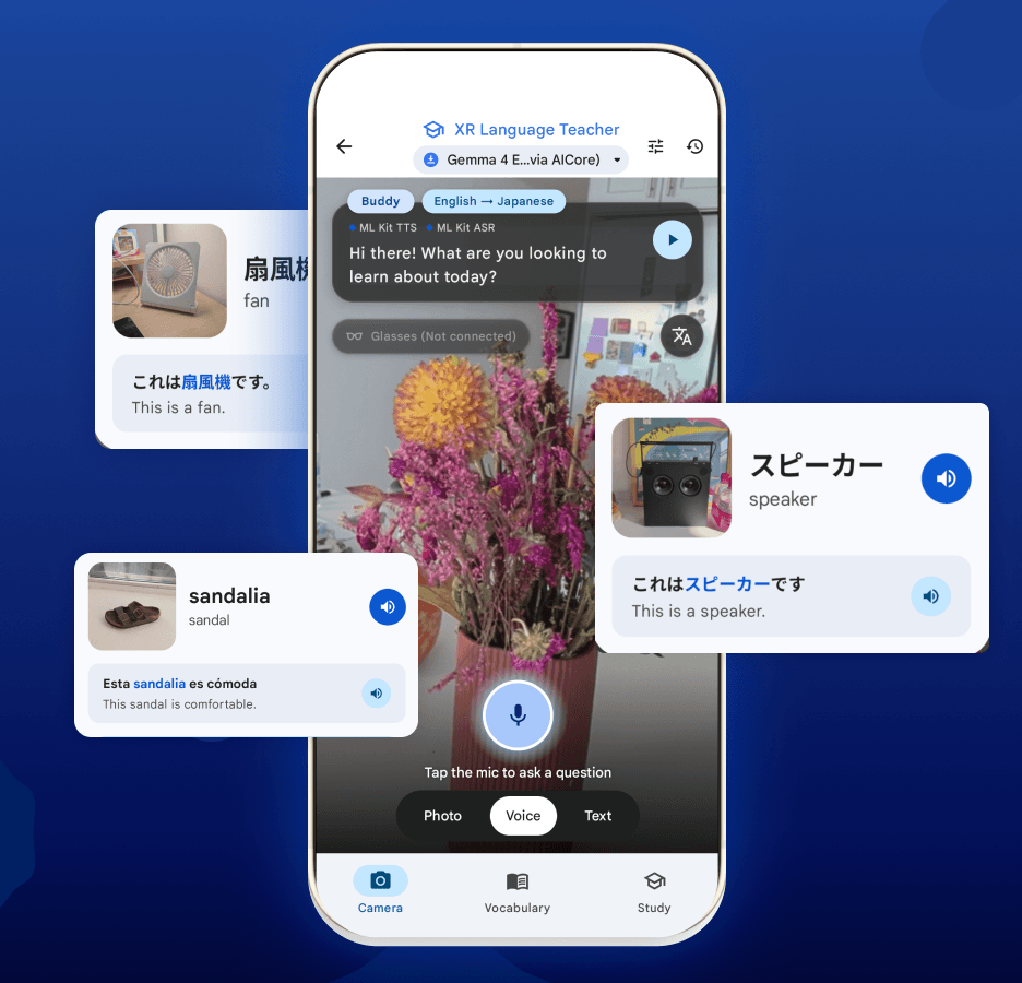 The XR Language Teacher screen naming a fan, a speaker and a sandal in Japanese and Spanish with English translations