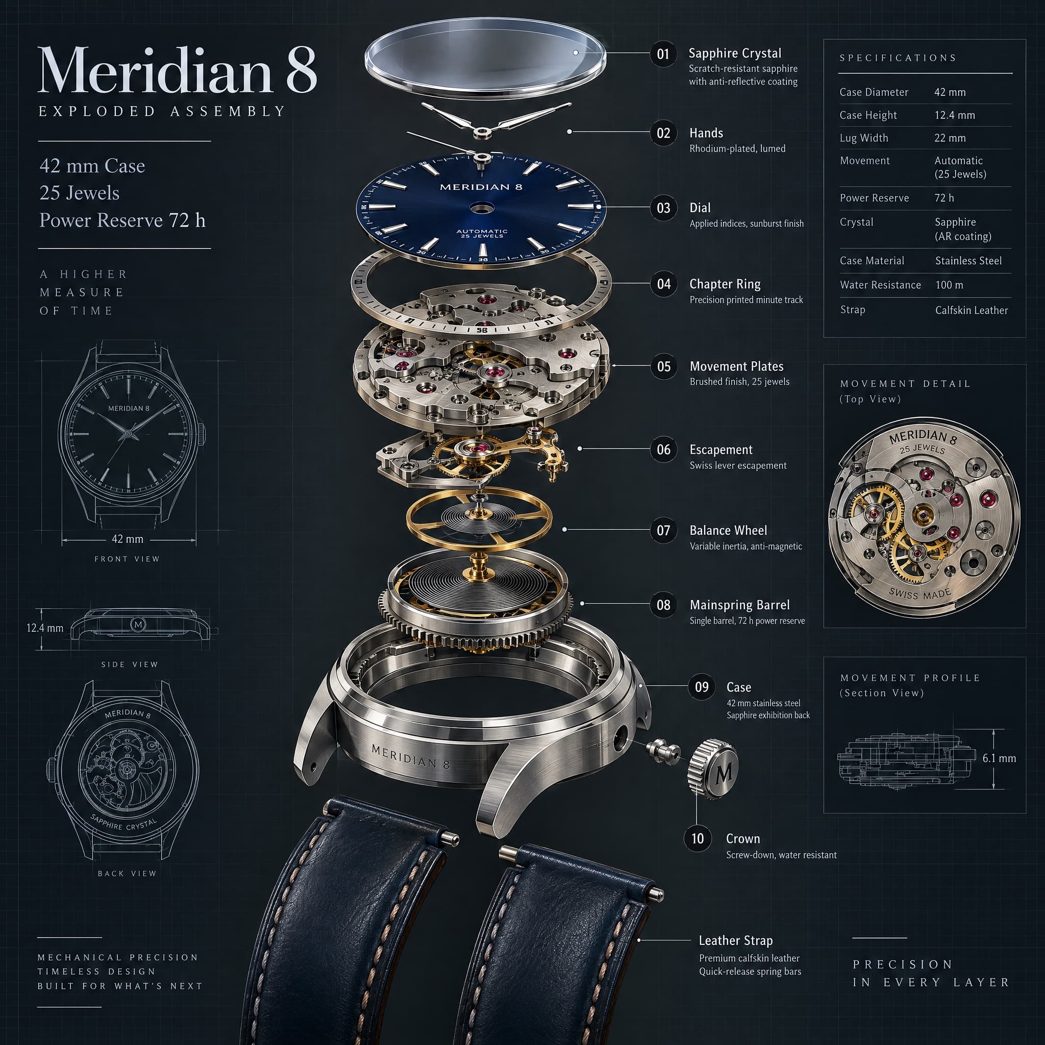 A generated exploded-view poster of a mechanical watch with numbered part labels