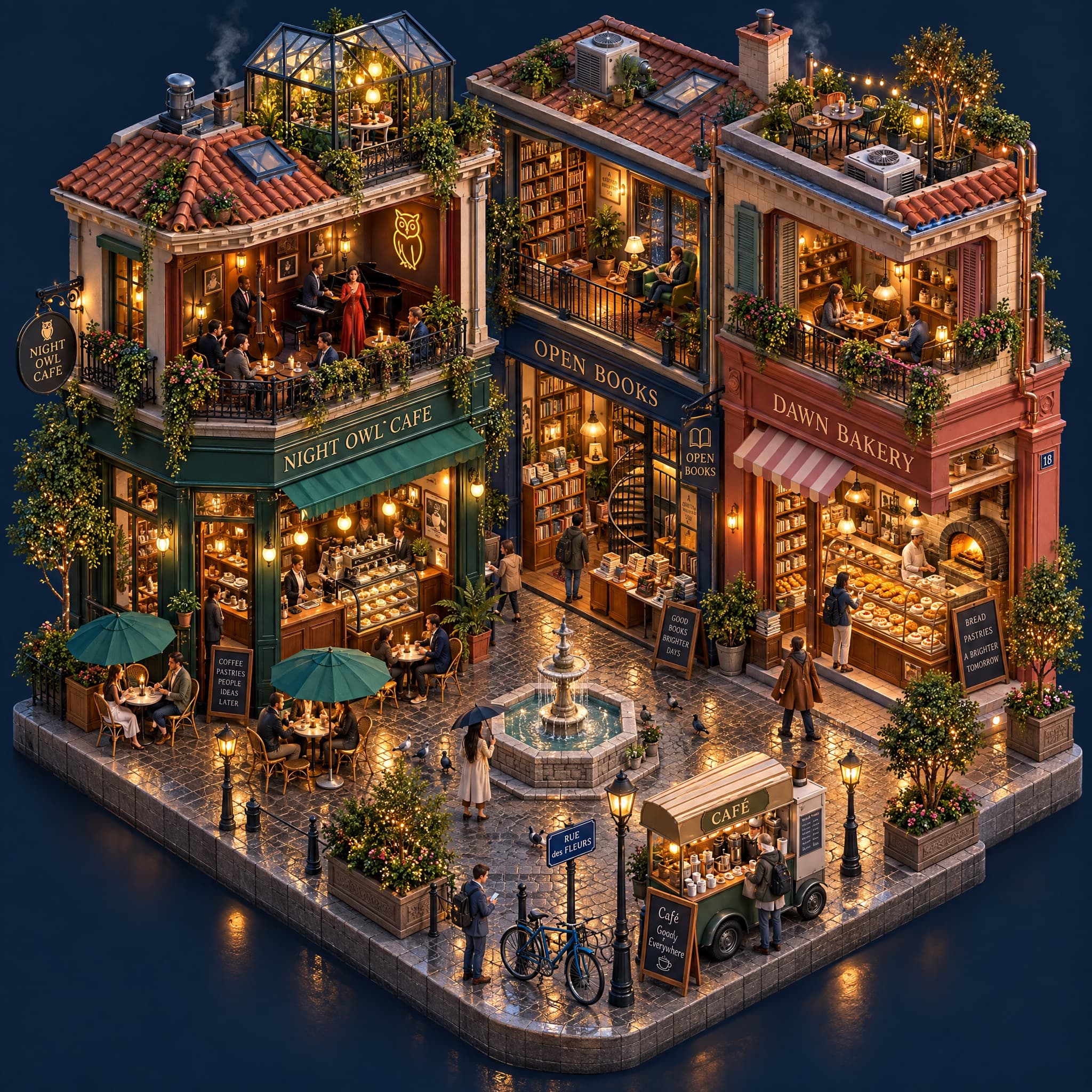 A generated isometric cafe street at night with cutaway rooms and shop signs