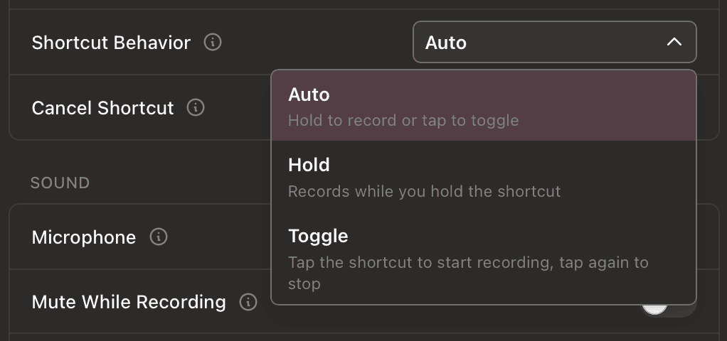 Handy settings with the shortcut behaviour menu: Auto, Hold or Toggle