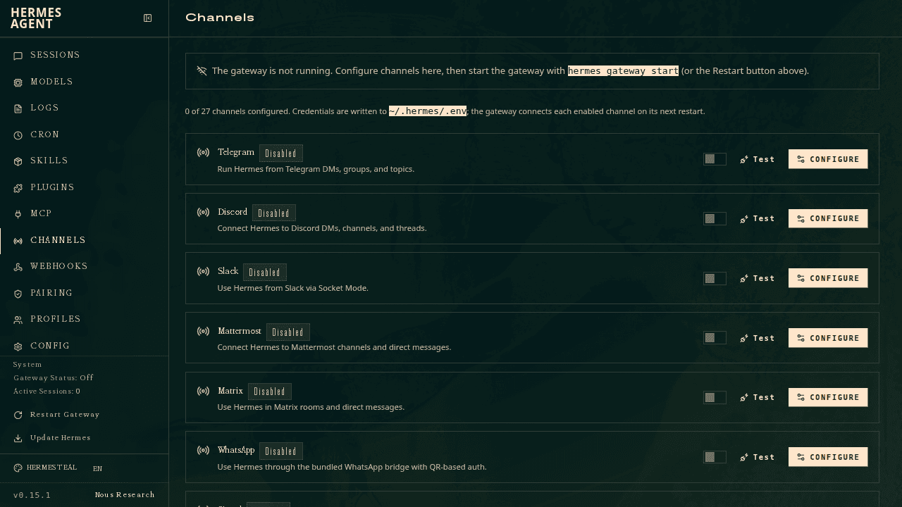 The Hermes Agent dashboard Channels page, listing Telegram, Discord, Slack, WhatsApp and other chat apps to connect