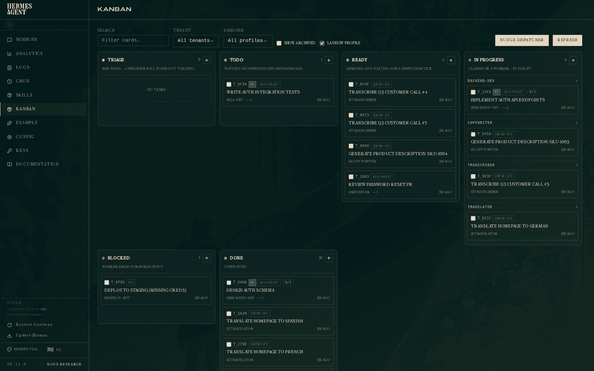The Hermes Agent kanban board, with tasks such as transcribing calls and translating pages moving from ready to done