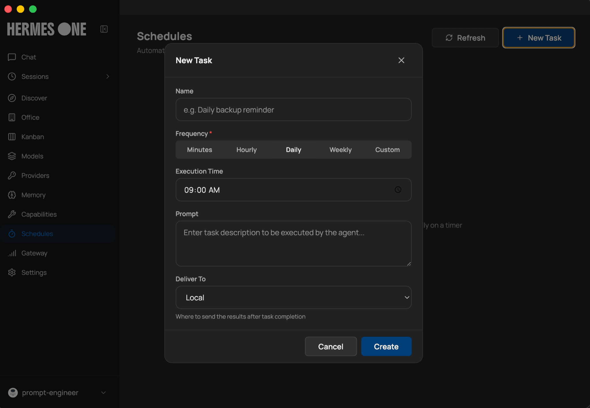 Hermes One Schedules screen with the New Task form for a daily agent task