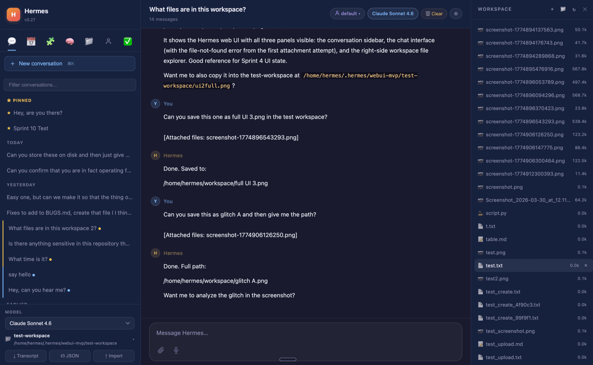 Hermes WebUI with the session list, a chat about saving screenshots and the workspace file list