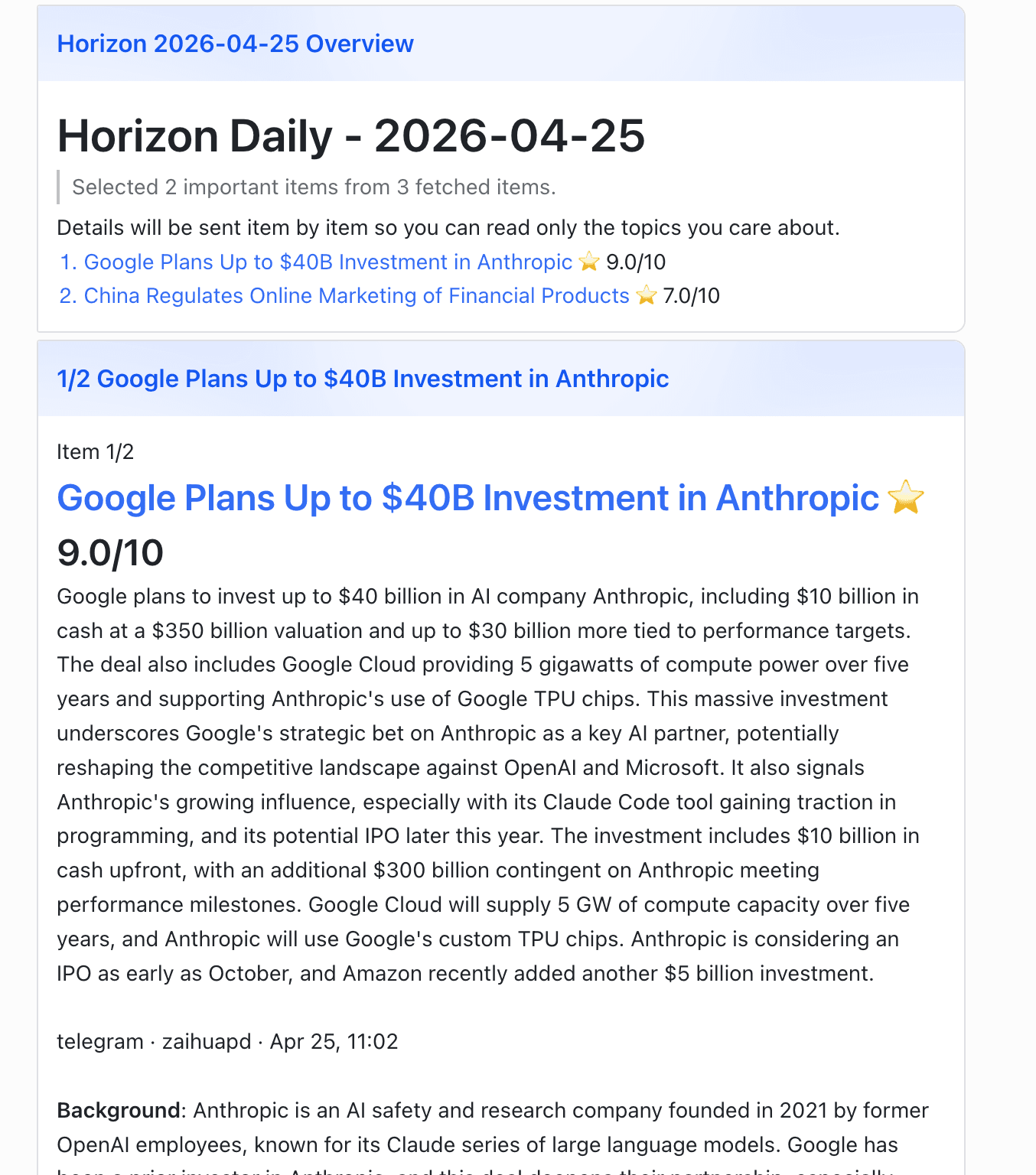 A Horizon daily overview delivered as a Feishu message, with item scores and a story summary