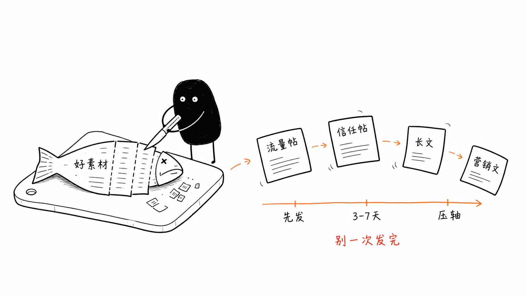 Xiaohei slicing a fish labelled as good material into a series of posts on a timeline