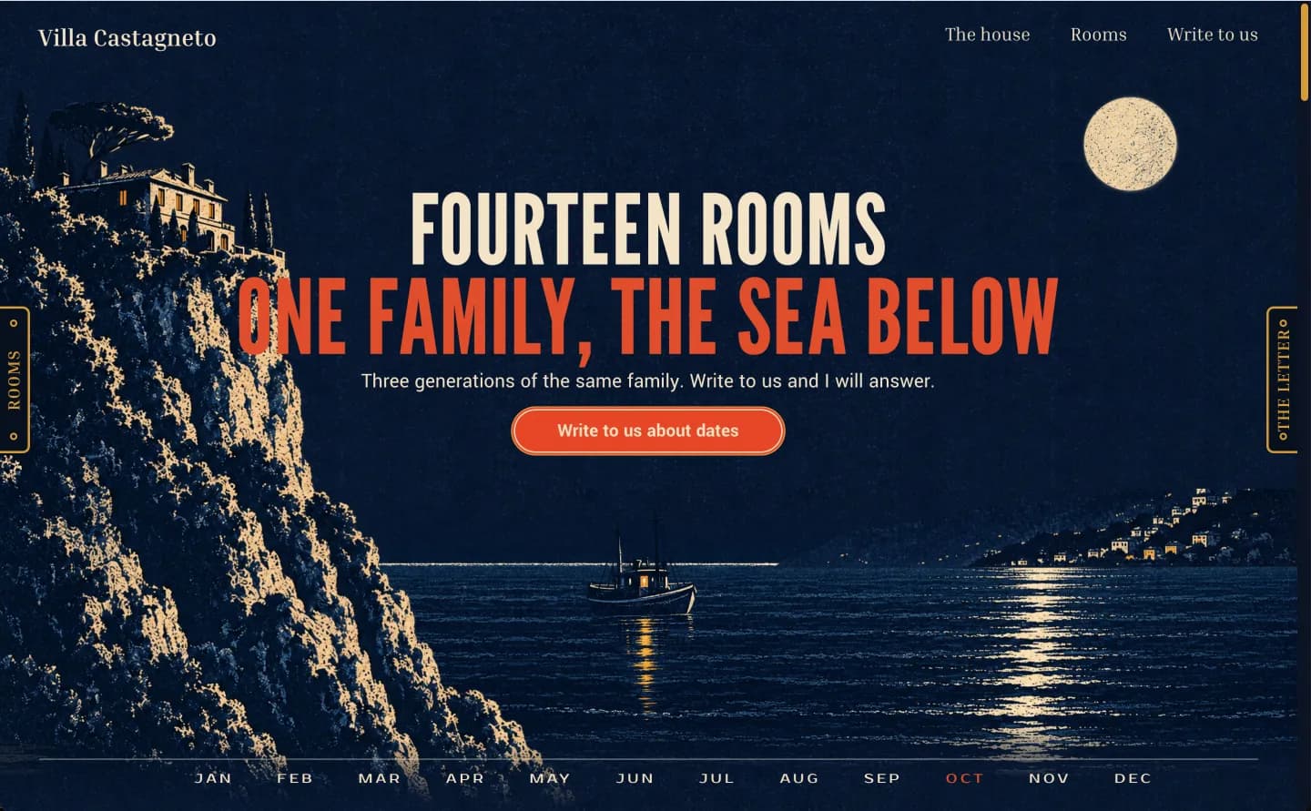A guesthouse landing page built with Impeccable: a night scene of a villa on a cliff above the sea