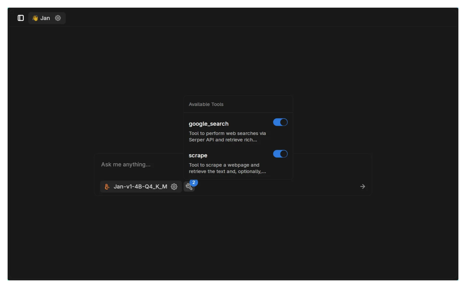Jan chat window with web search and page scraping tools switched on for a local model