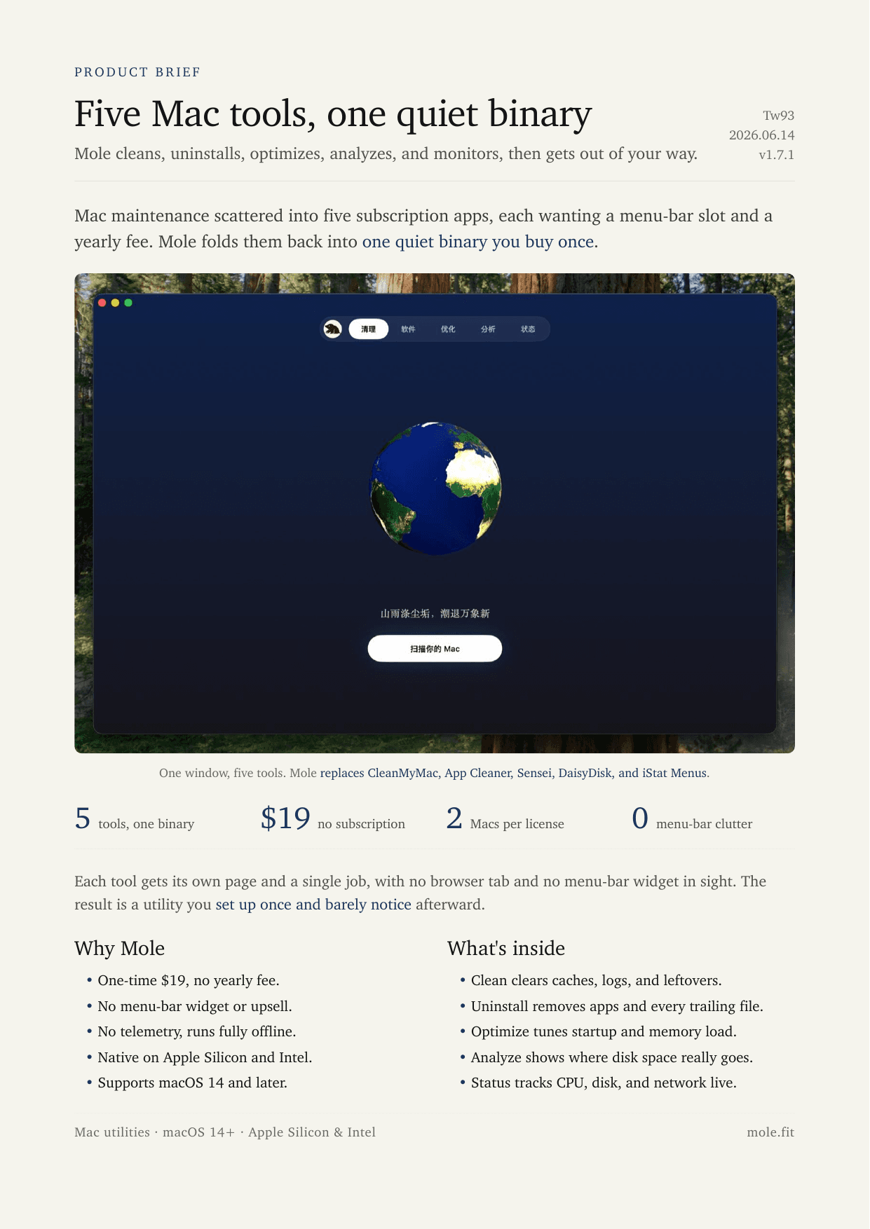 An English one-page product brief for a Mac app, with a screenshot, key numbers and two bullet lists
