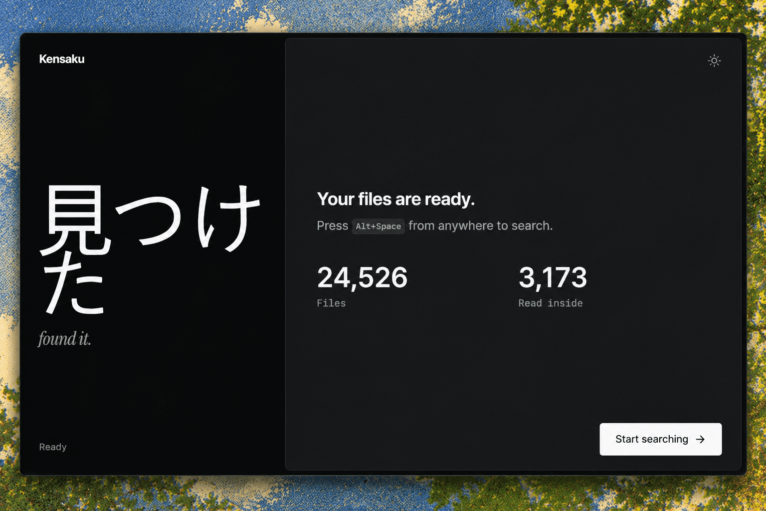 Kensaku after indexing, showing the file count and the shortcut to start searching