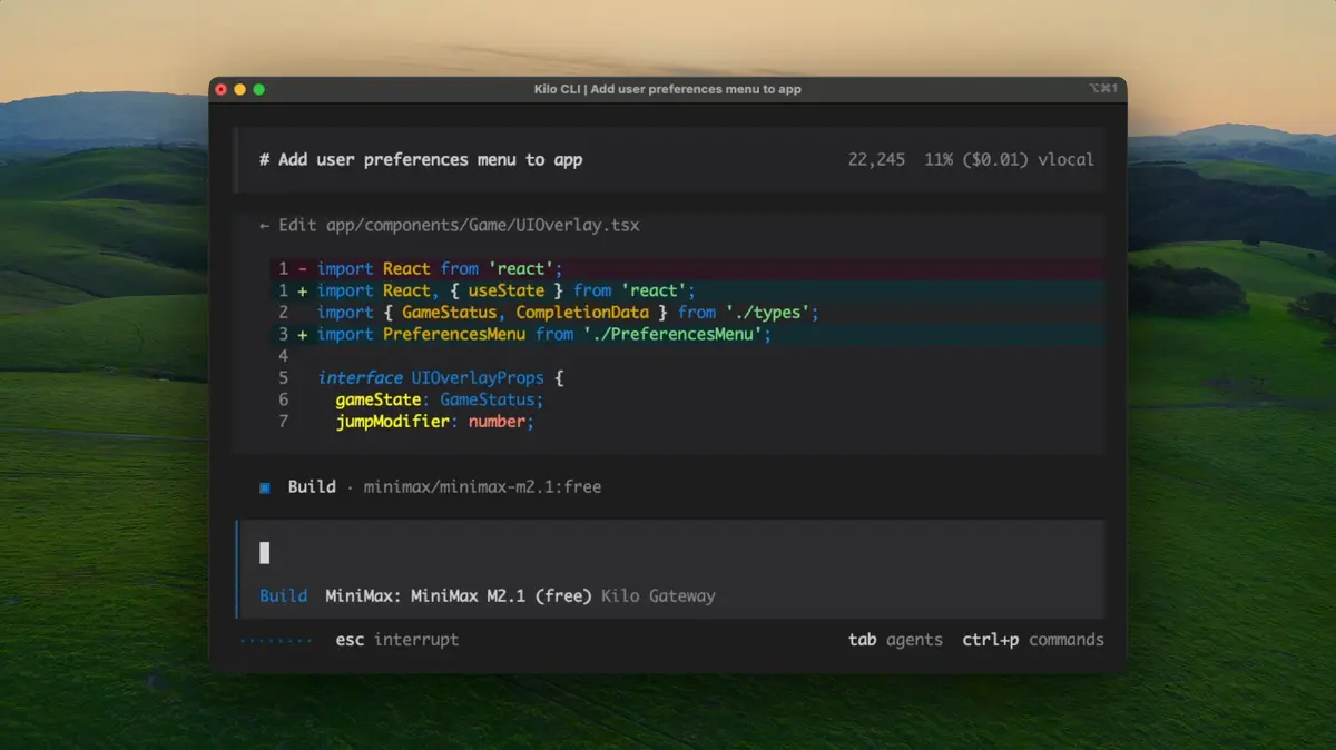 Kilo CLI in a terminal window, editing a file to add a preferences menu to an app