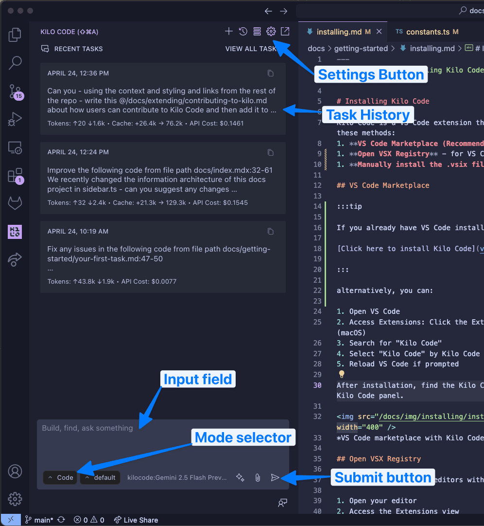The Kilo Code panel in VS Code with recent tasks, the input field and the mode selector labelled