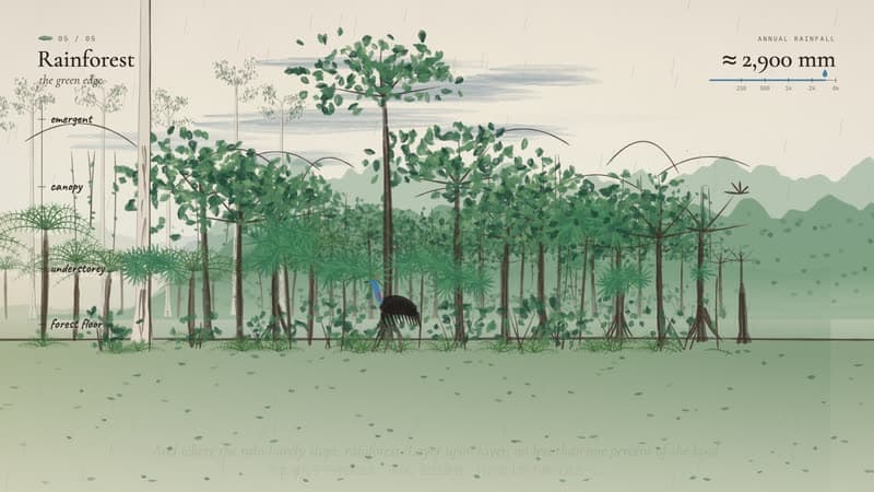 A frame from a watercolor-style demo film showing rainforest layers and annual rainfall