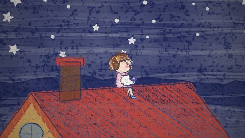 A frame from a crayon picture-book film: a girl sitting on a red roof under the stars